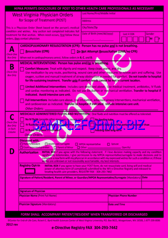 West Virginia Physician Orders For Scope of Treatment (POST) Form pdf free